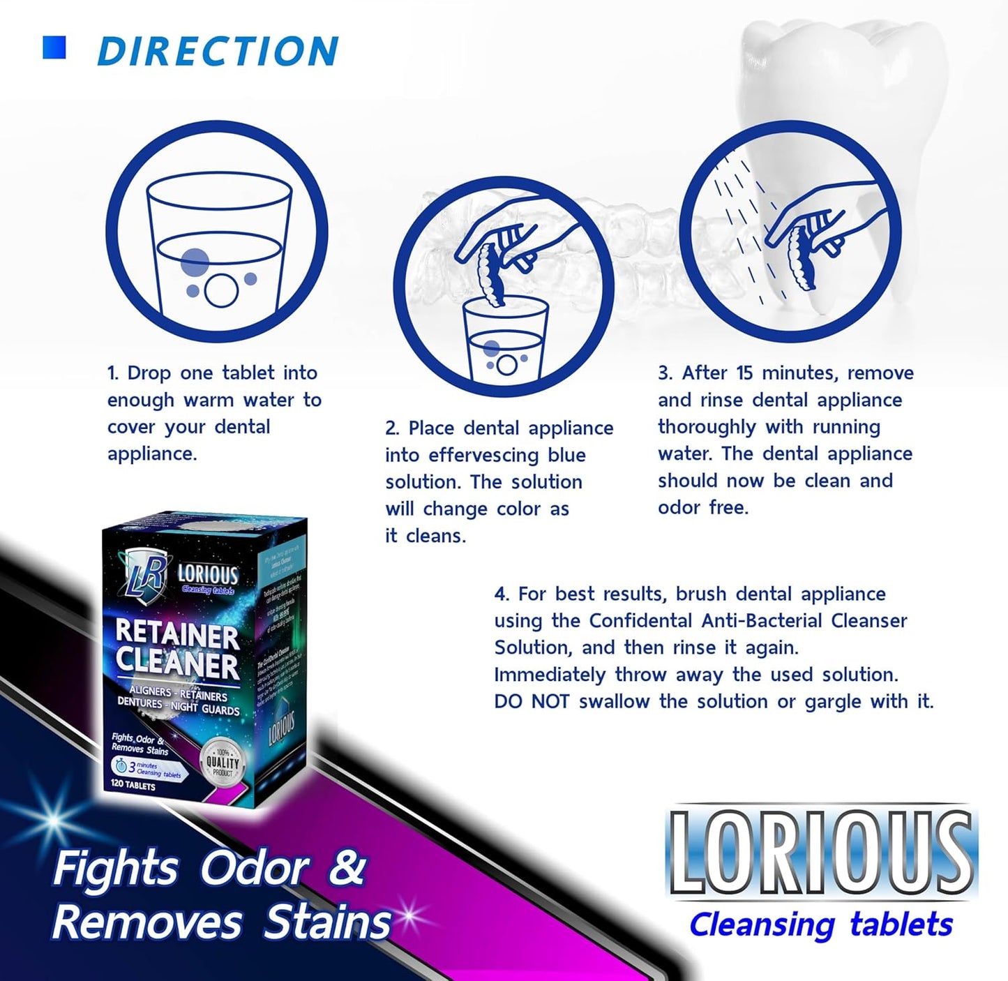 Retainer Cleaner and Other Dental Appliances Cleaner Tablets (120 tablets) for 4 months supply. For Retainer, Denture Appliances, Aligner and Mouth Guard.