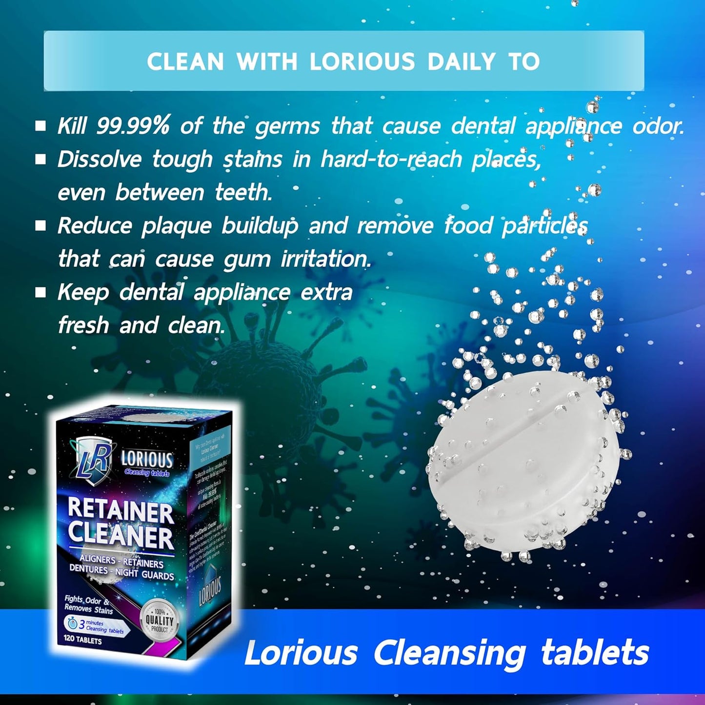Retainer Cleaner and Other Dental Appliances Cleaner Tablets (120 tablets) for 4 months supply. For Retainer, Denture Appliances, Aligner and Mouth Guard.