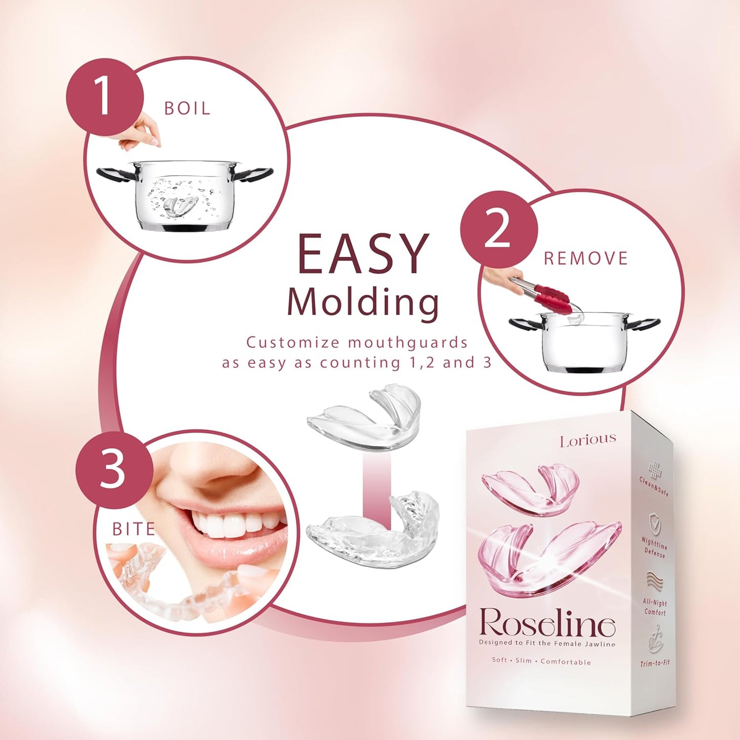 6-Pack Moldable Mouth Guards for Teeth Grinding and Clenching – Clear Dental Night Guards for Women with 4 Regular and 2 Small Sizes – Comfortable, Custom-Fit Protection for Day or Night Use