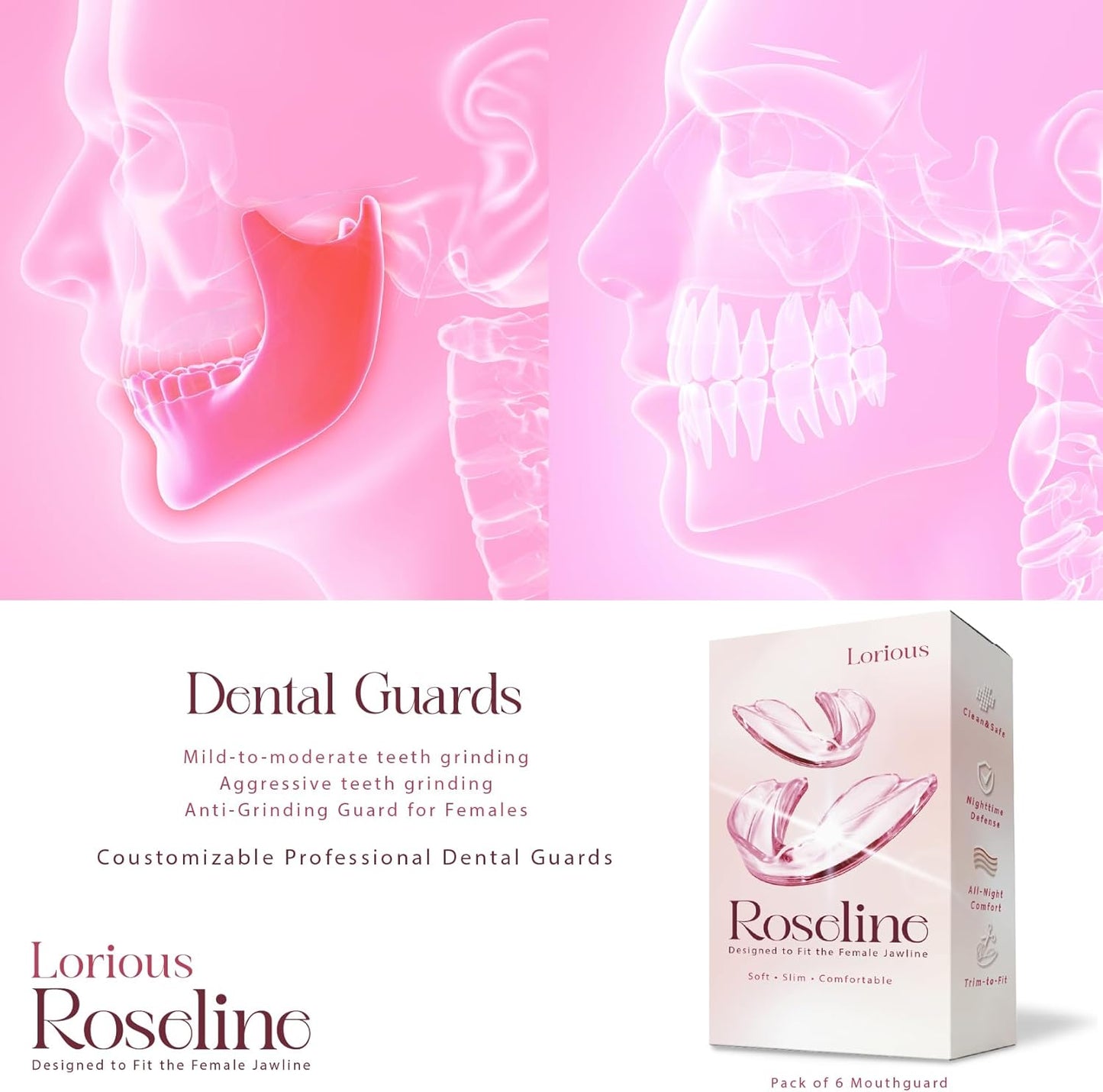 Pink Moldable Mouth Guard for Teeth Grinding and Clenching – 6-Pack Dental Guards in 2 Sizes (4 Regular + 2 Small) – Comfortable Night Guard for Women