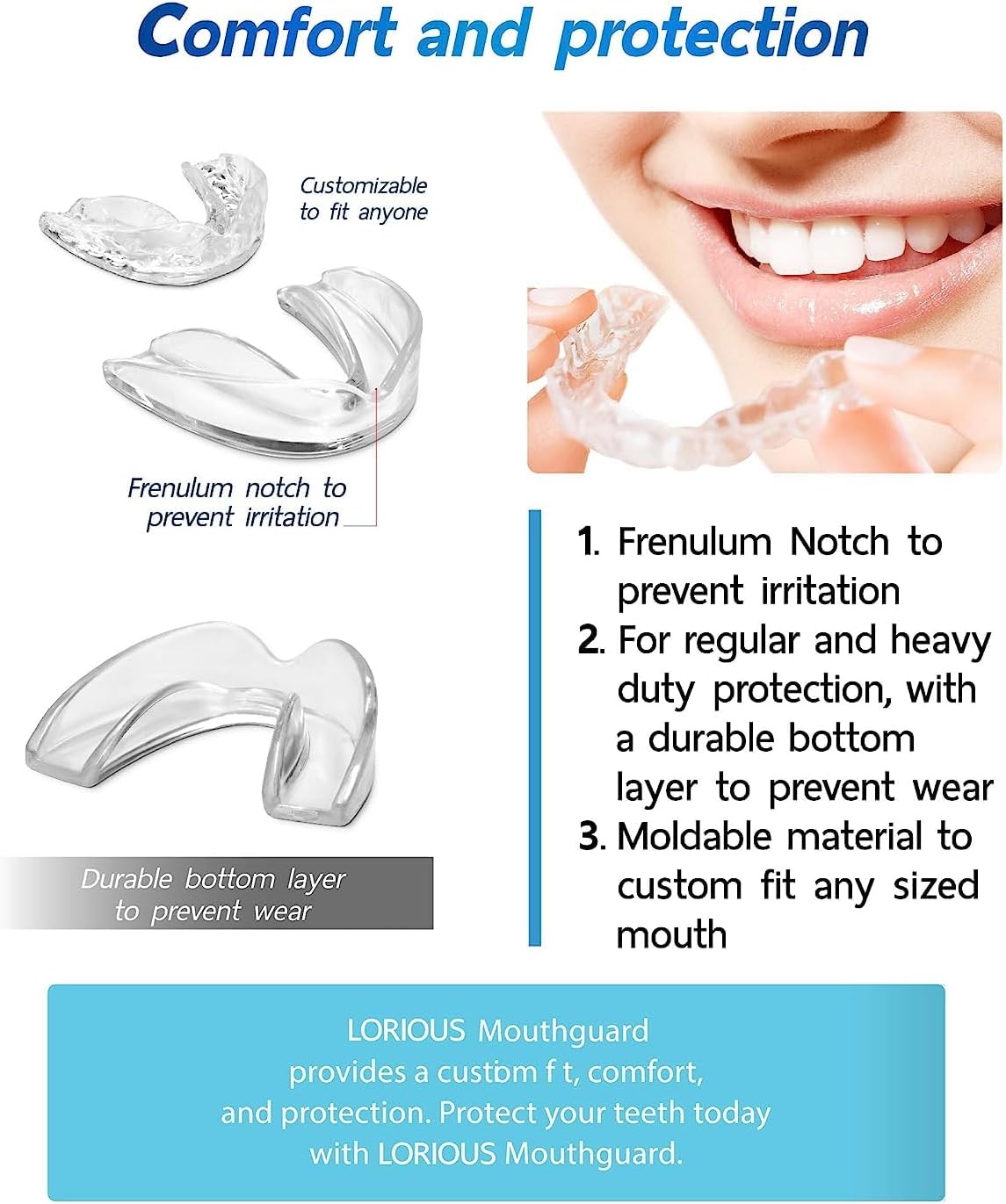 Mouthguard - One Size Fits All Premium Set of 6 BPA Free Moldable, Customizable and Trimmable Medical Grade Mouth Guard for Grinding Teeth Clenching Bruxism, Sport Athletic, Whitening Tray